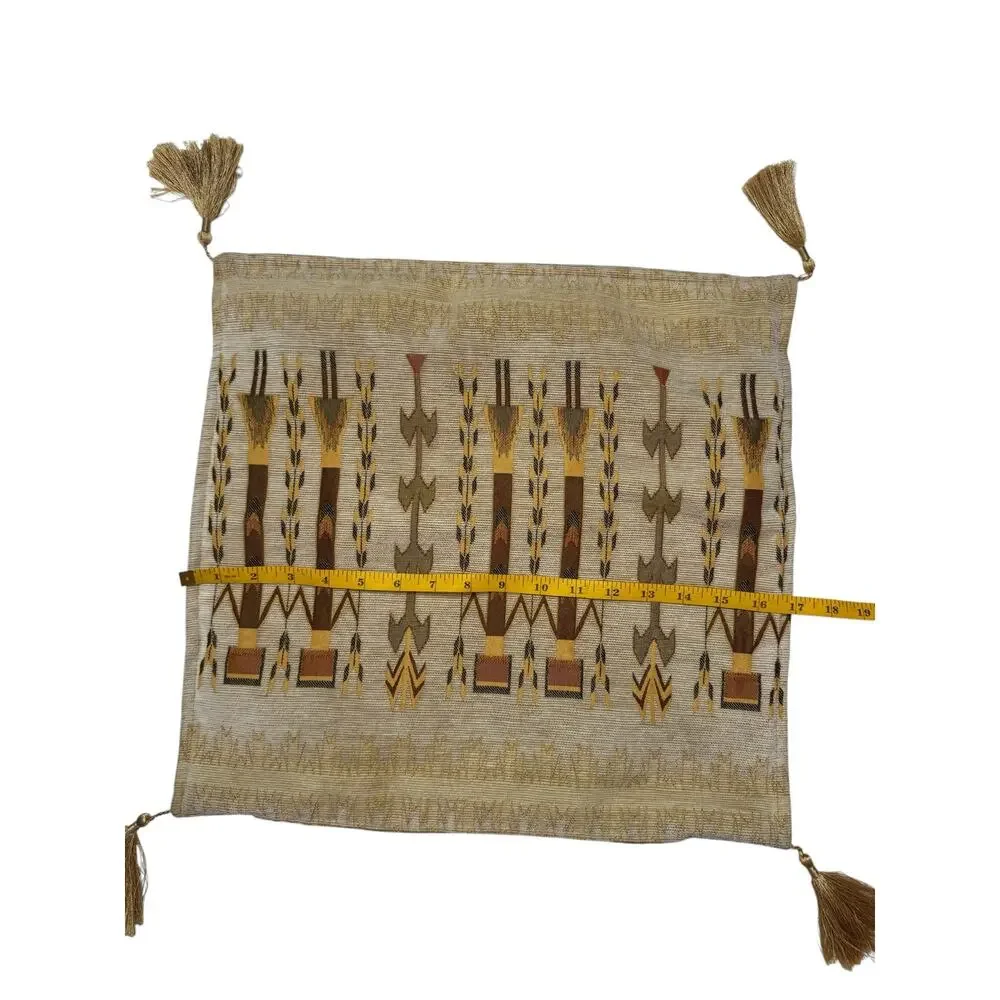 THE LOOM ALASKA Tan & Gold Embroidered Pillow Cover Square Corduroy Indigenous
